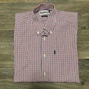 Barbour Long-Sleeve Button-Down Shirt Red Blue Size Medium Gingham Tailored Fit